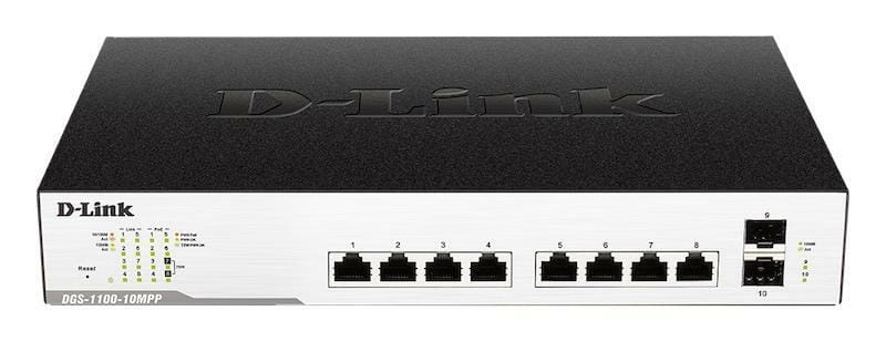 Коммутатор D-Link DGS-1100-10MPP (8x1GE w/PoE, 7-8 порт w/UPoE(75Вт/порт), 2xSFP/1G, PoE 242Вт, Easy)
