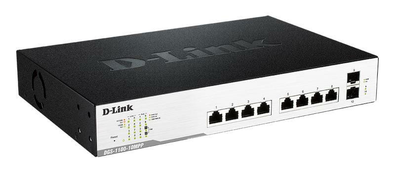 Коммутатор D-Link DGS-1100-10MPP (8x1GE w/PoE, 7-8 порт w/UPoE(75Вт/порт), 2xSFP/1G, PoE 242Вт, Easy)