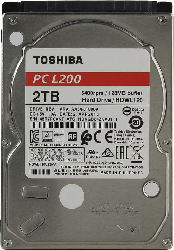 Накопичувач HDD 2.5" SATA 2.0TB Toshiba L200 5400rpm 128MB (HDWL120UZSVA)