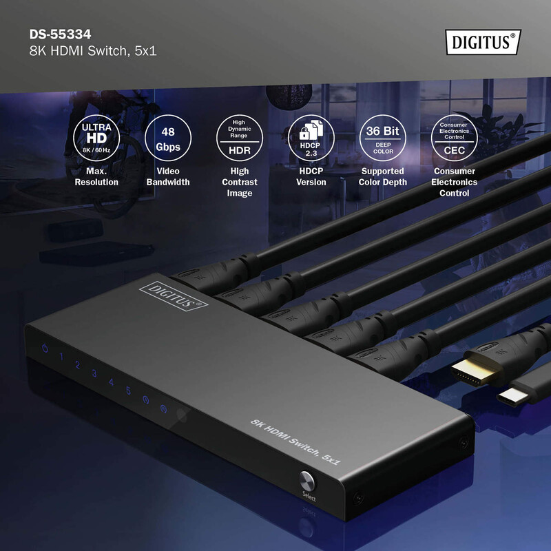 Відеокомутатор Digitus UHD HDMI (INx5 - OUTx1) 8K Black (DS-55334)