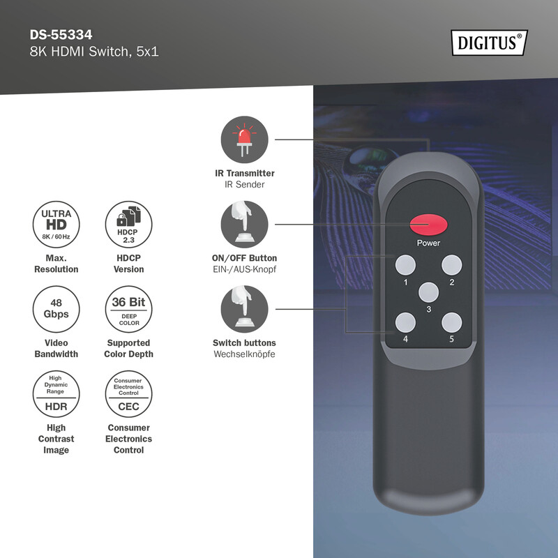 Відеокомутатор Digitus UHD HDMI (INx5 - OUTx1) 8K Black (DS-55334)