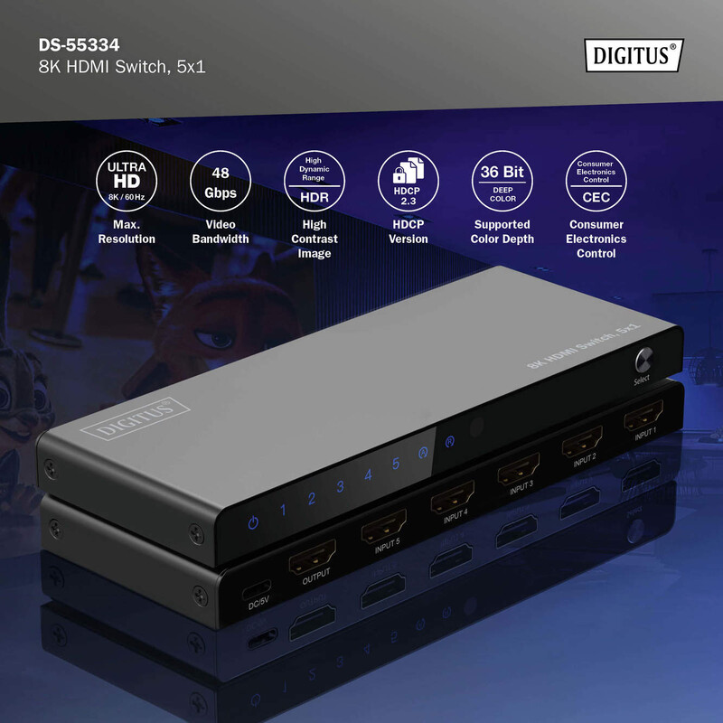 Відеокомутатор Digitus UHD HDMI (INx5 - OUTx1) 8K Black (DS-55334)