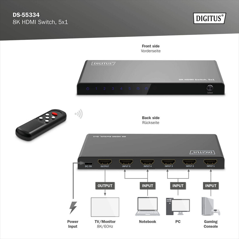 Відеокомутатор Digitus UHD HDMI (INx5 - OUTx1) 8K Black (DS-55334)