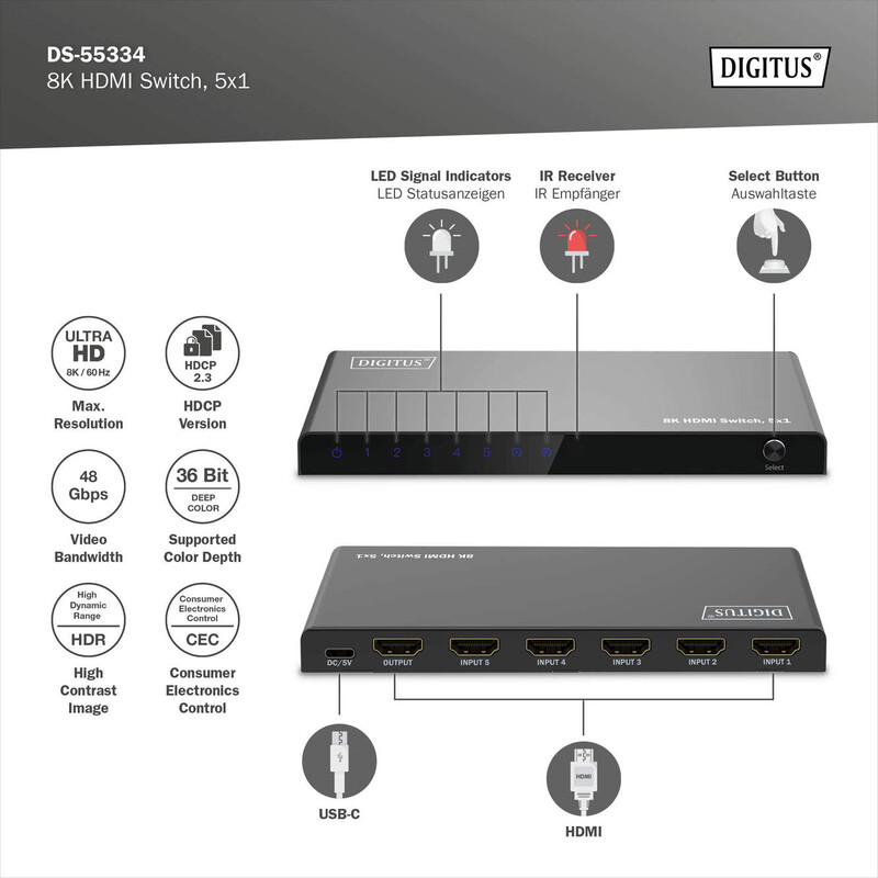 Відеокомутатор Digitus UHD HDMI (INx5 - OUTx1) 8K Black (DS-55334)