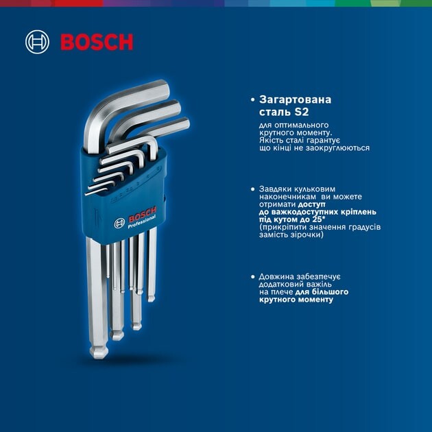 Набор ключей шестигранных Bosch шаровидный наконечник 1.5-10 мм 9 шт (1.600.A01.TH5)