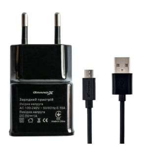 Мережевий зарядний пристрій Grand-X (1xUSB 1A) Black (CH-765UMB) + кабель microUSB