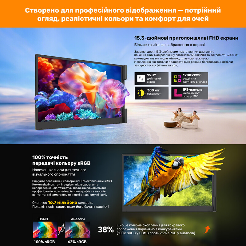 Монитор портативный Blackview 15.3" DCM8 Dual Screen (BVDCM8) IPS Grey