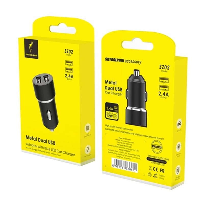 Автомобільний зарядний пристрій SkyDolphin SZ02 Aluminium (2USB, 2.4A) Black (AZP-000074)_бн