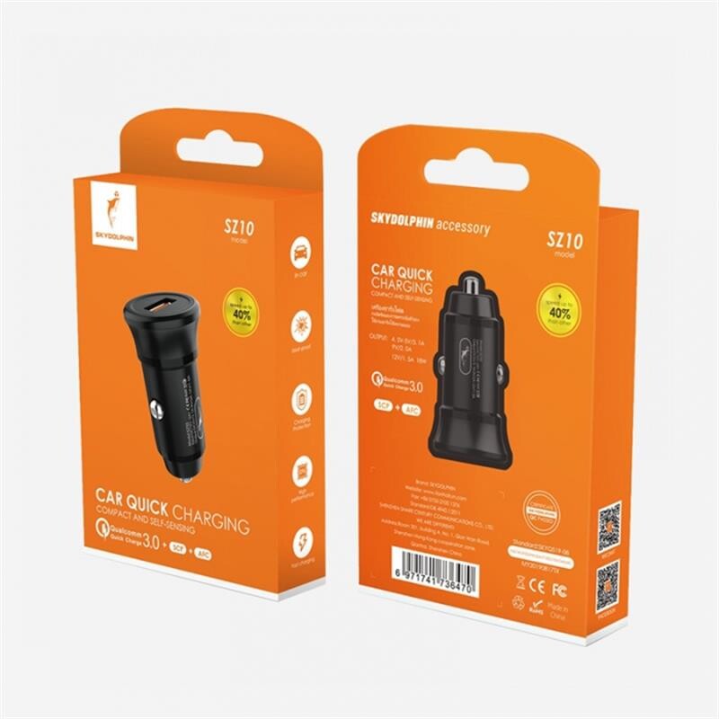 Автомобільний зарядний пристрій SkyDolphin SZ10 QC3.0 (1USB, 3.1A) Black (AZP-000086)_бн