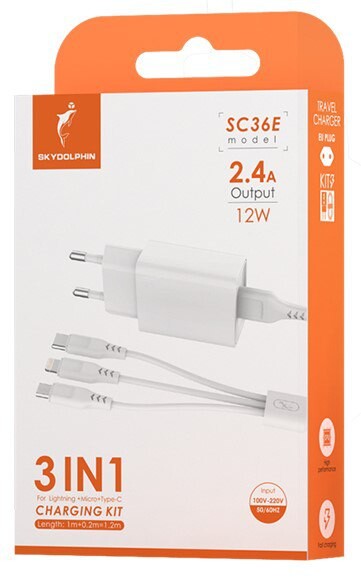 Мережевий зарядний пристрій SkyDolphin SC36E (1USBx2.4A) White (MZP-000187) + кабель Lightning/Type-C/MicroUSB_бн