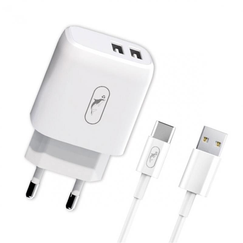 Зарядний пристрій SkyDolphin SC22EBT (2USB, 2.1A) White (MZP-000163) + кабель Type-C_бн