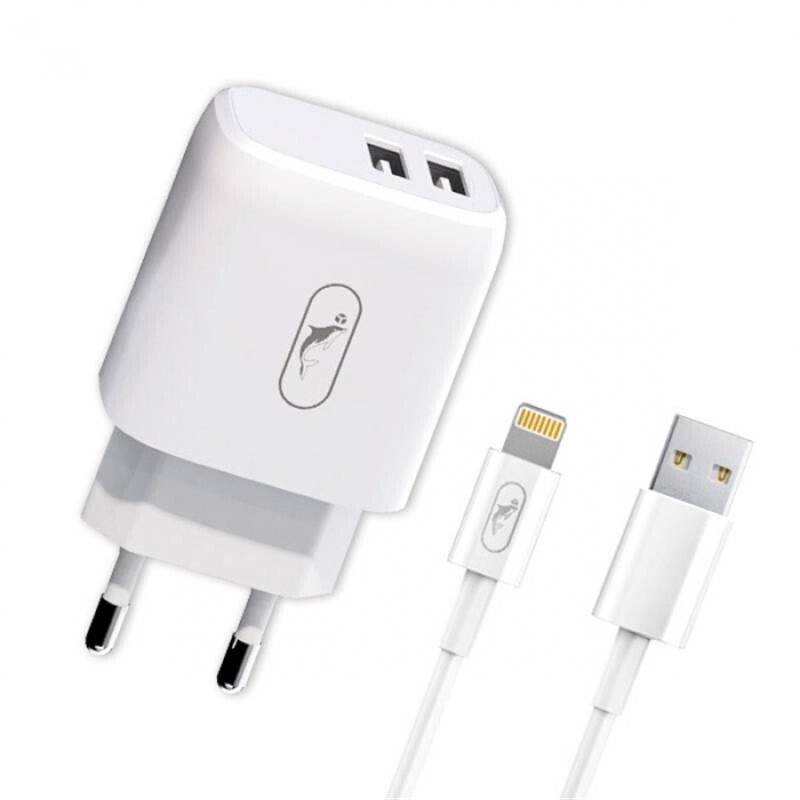 Зарядний пристрій SkyDolphin SC22EBL (2USB, 2.1A) White (MZP-000162) + кабель Lightning_бн