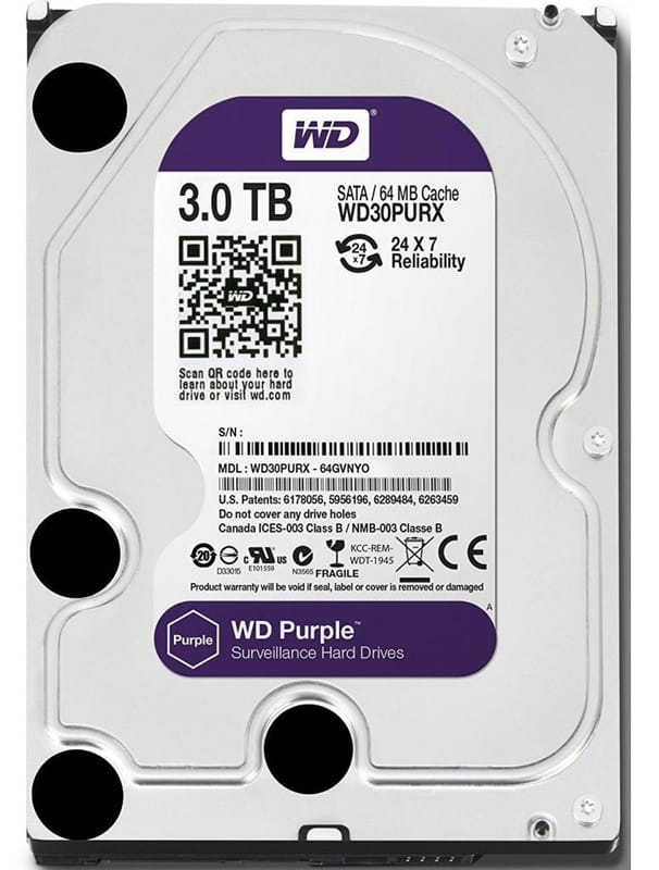 Накопичувач HDD SATA 3.0TB WD Purple 5400rpm 64MB (WD30PURZ)_