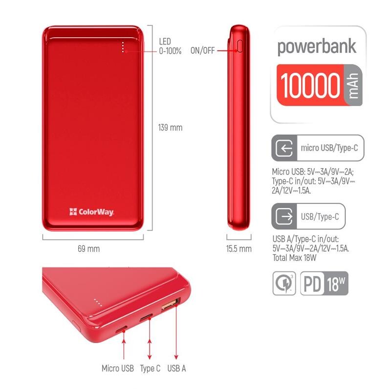 Універсальна мобільна батарея ColorWay Slim PD 10000mAh Red (CW-PB100LPG3RD-PD)