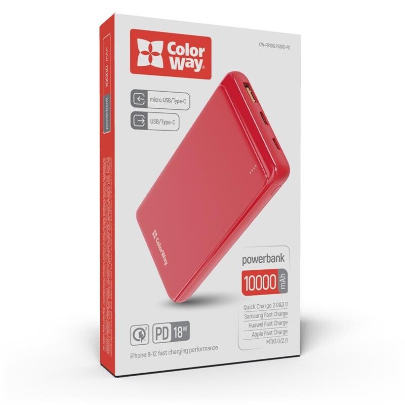 Універсальна мобільна батарея ColorWay Slim PD 10000mAh Red (CW-PB100LPG3RD-PD)