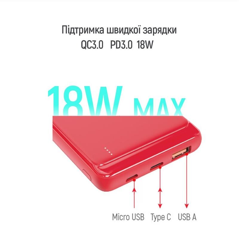 Універсальна мобільна батарея ColorWay Slim PD 10000mAh Red (CW-PB100LPG3RD-PD)