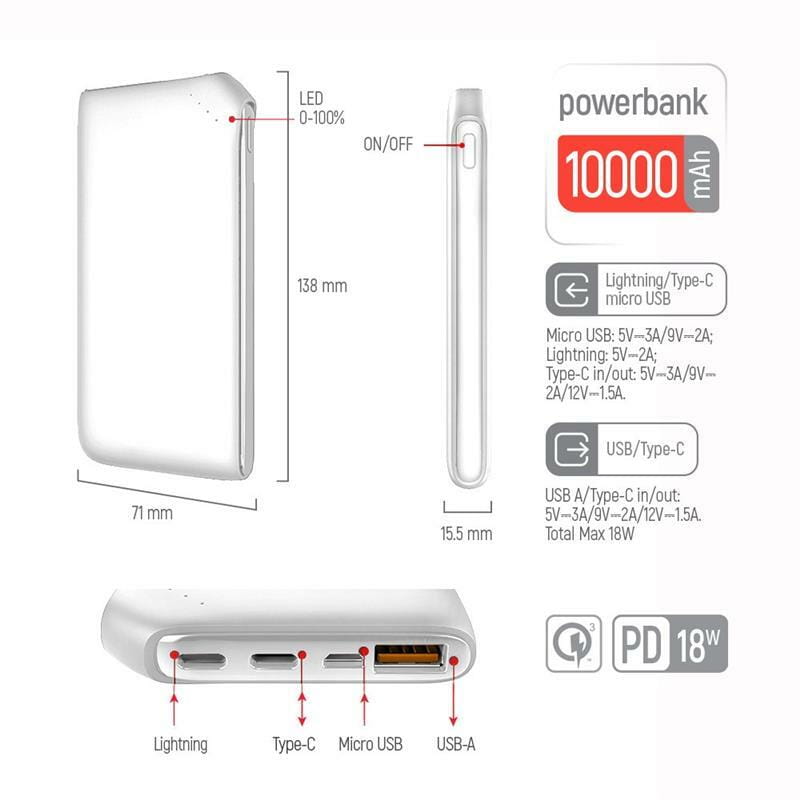 Универсальная мобильная батарея ColorWay Soft Touch 10000mAh White (CW-PB100LPE3WT-PD)