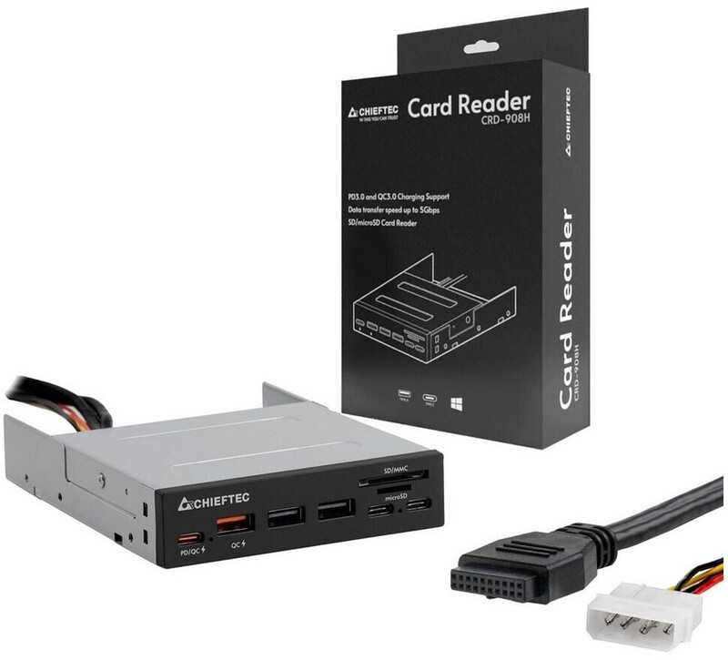 Картридер Chieftec 2xUSB3.2, 2xType-C, 1xPD3.0, 1xQC3.0 USB, Black (CRD-908H)