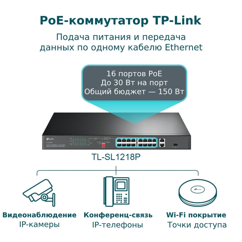 Коммутатор TP-Link TL-SL1218P (16xFE PoE+, 2xGE, 1xCombo SFP, max PoE 150W)