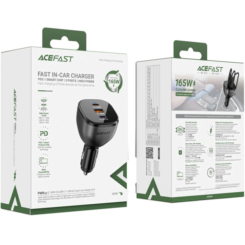 Автомобильное зарядное устройство Acefast B14 (2xUSB-C + USB-A) 165W Black (6974316282938)