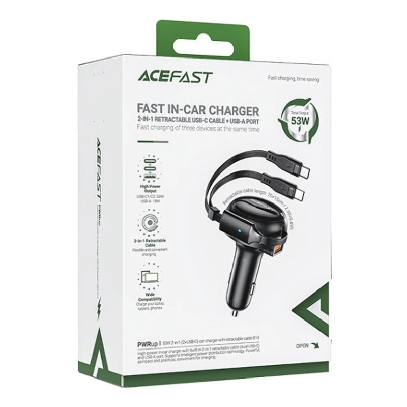 Автомобільний зарядний пристрій Acefast B13 (2xUSB-C+USB-A) + кабель USB Type-C 2in1, 53W Black (6974316282921)