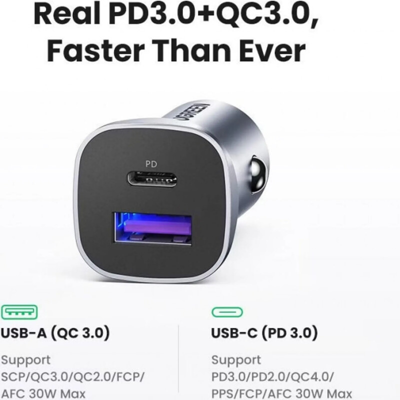 Автомобильное зарядное устройство Ugreen CD130 (USB-C + USB-A) 30W Grey (40858)