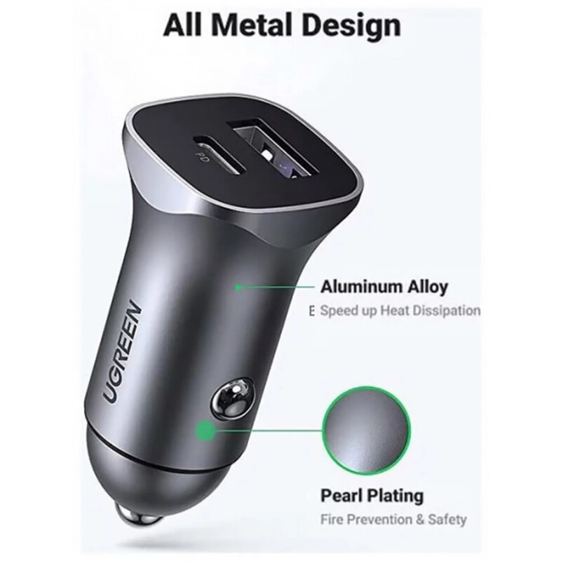 Автомобильное зарядное устройство Ugreen CD130 (USB-C + USB-A) 30W Grey (40858)