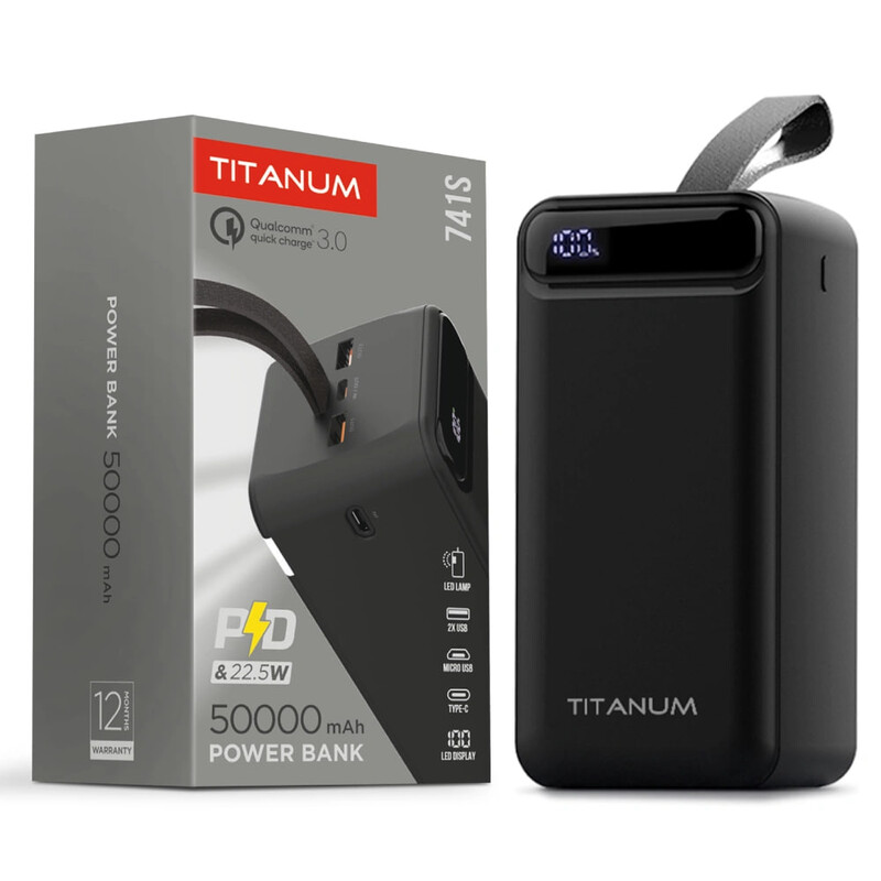 Универсальная мобильная батарея Videx TITANUM 741S 50000mAh, 22.5W Black
