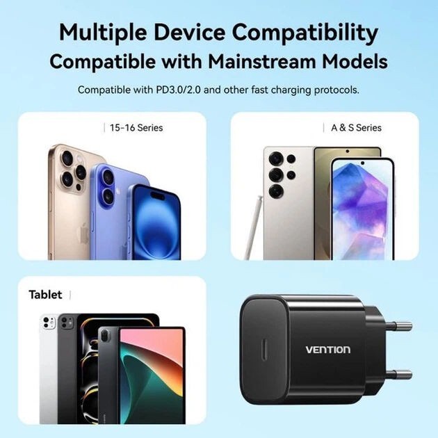Мережевий зарядний пристрій Vention G16B0 20W USB-C Black + кабель USB Type-C (G16B0-EU)