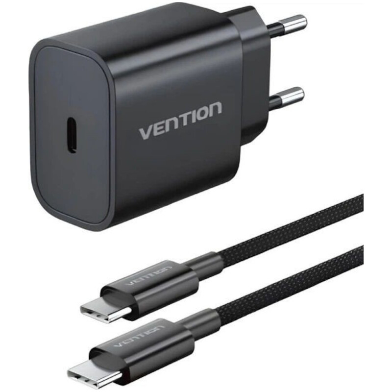 Мережевий зарядний пристрій Vention G16B0 20W USB-C Black + кабель USB Type-C (G16B0-EU)