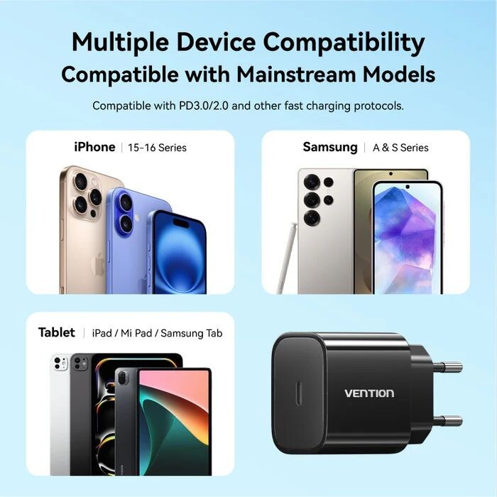 Мережевий зарядний пристрій Vention G17B0 20W USB-C Black + кабель Lightning (G17B0-EU)