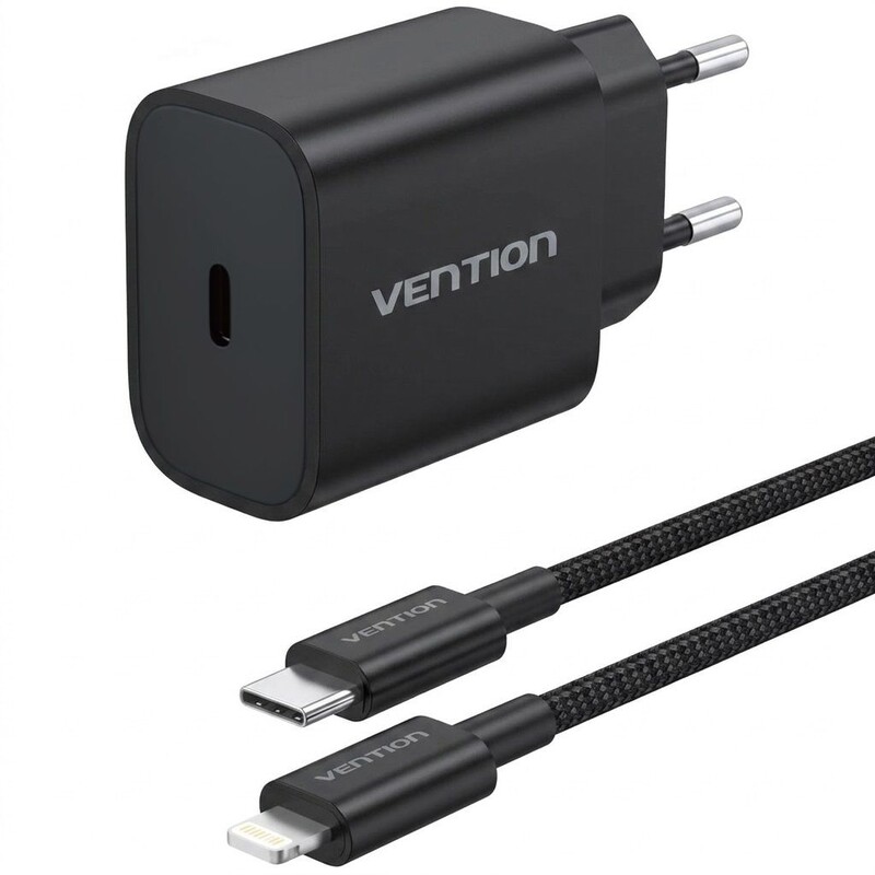 Мережевий зарядний пристрій Vention G17B0 20W USB-C Black + кабель Lightning (G17B0-EU)