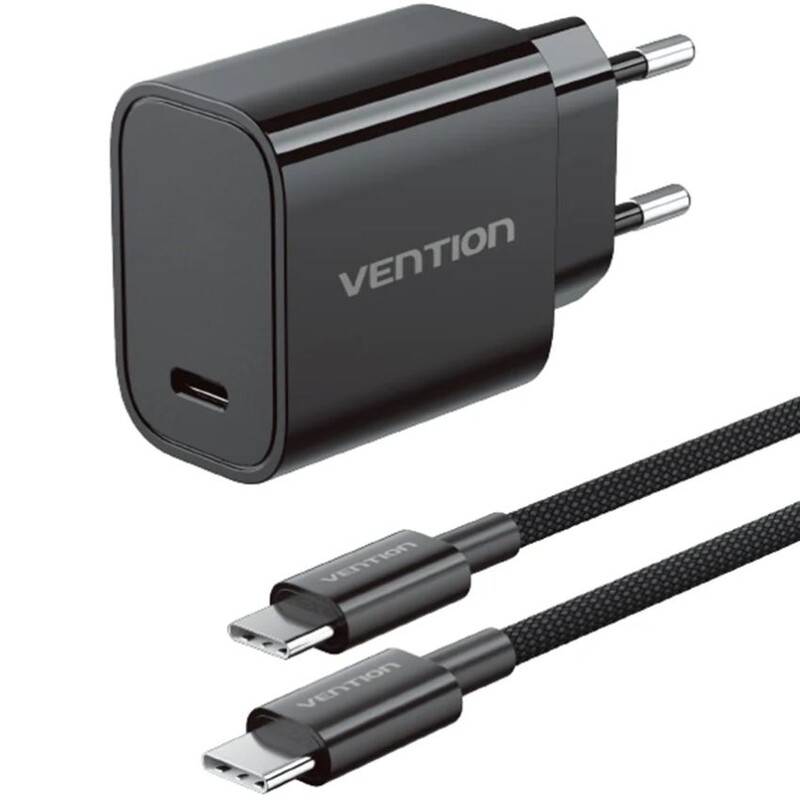 Мережевий зарядний пристрій Vention G18B0 30W USB-C Black + кабель USB Type-C (G18B0-EU)