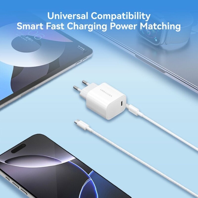 Мережевий зарядний пристрій Vention G18W0 30W USB-C White + кабель USB Type-C (G18W0-EU)