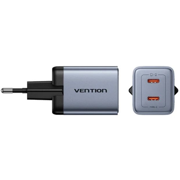 Мережевий зарядний пристрій Vention FCDH0 45W 2xUSB-C Black + кабель USB Type-C (TZ-FCDH0-EU)