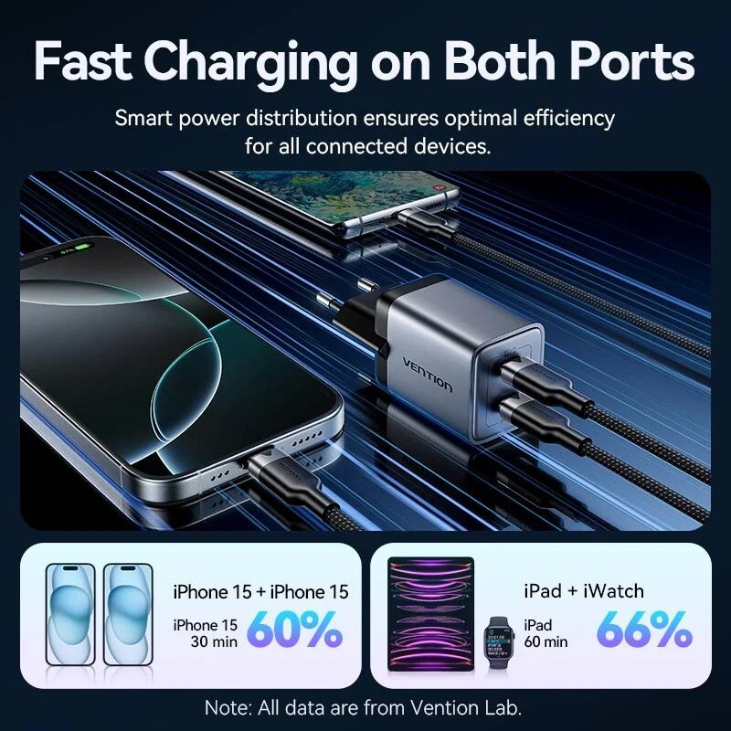 Мережевий зарядний пристрій Vention FCDH0 45W 2xUSB-C Black + кабель USB Type-C (TZ-FCDH0-EU)