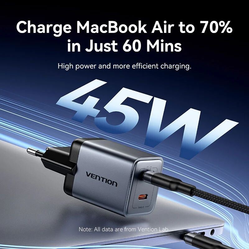 Мережевий зарядний пристрій Vention FCDH0 45W 2xUSB-C Black + кабель USB Type-C (TZ-FCDH0-EU)