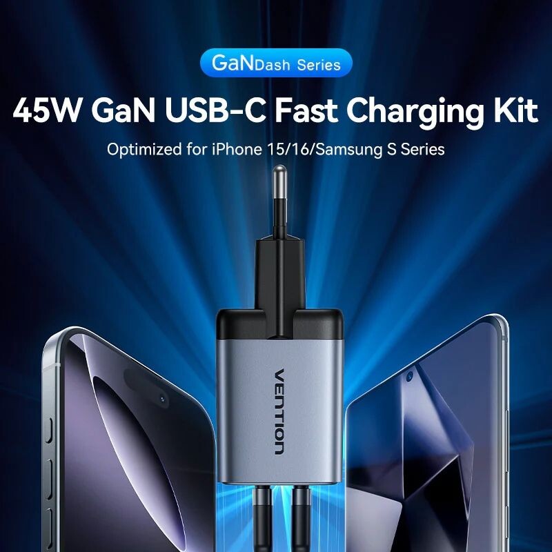 Мережевий зарядний пристрій Vention FCDH0 45W 2xUSB-C Black + кабель USB Type-C (TZ-FCDH0-EU)