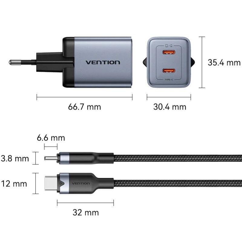 Мережевий зарядний пристрій Vention FCDH0 45W 2xUSB-C Black + кабель USB Type-C (TZ-FCDH0-EU)