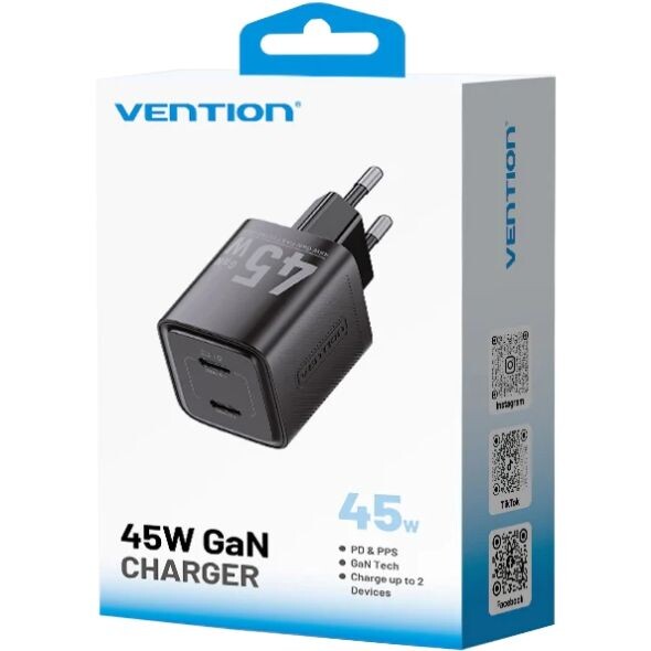 Мережевий зарядний пристрій Vention FEFB0 45W 2xUSB-C Black (FEFB0-EU)
