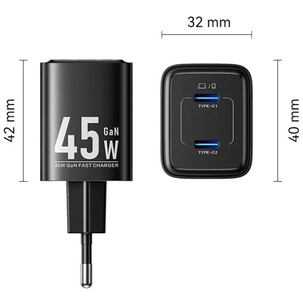 Мережевий зарядний пристрій Vention FEFB0 45W 2xUSB-C Black (FEFB0-EU)