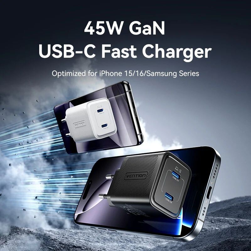 Мережевий зарядний пристрій Vention FEFB0 45W 2xUSB-C Black (FEFB0-EU)