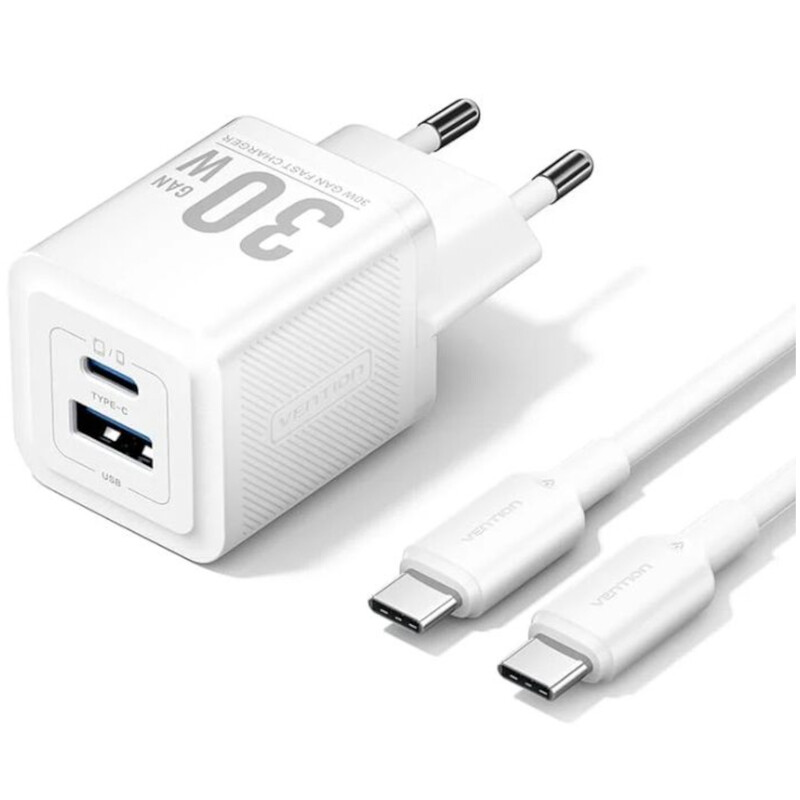 Мережевий зарядний пристрій Vention FEQW0 30W USB-A+USB-C White + кабель USB Type-C (TZ-FEQW0-EU-01)