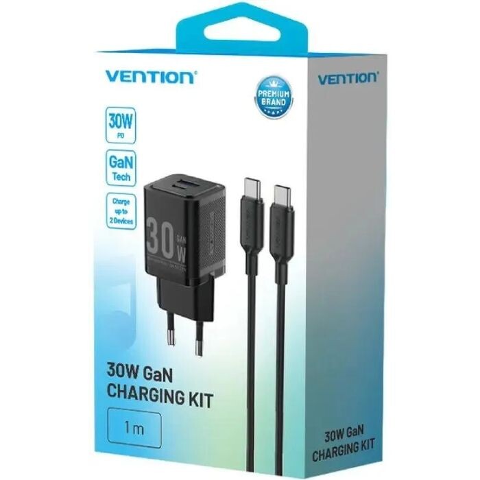 Сетевое зарядное устройство Vention FEQB0 30W USB-A+USB-C Black + кабель USB Type-C (TZ-FEQB0-EU-01)