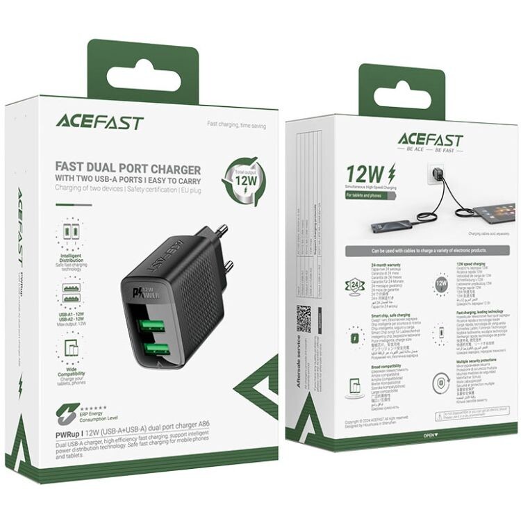 Сетевое зарядное устройство Acefast A86 12W 2xUSB-A Black (6974316283270)