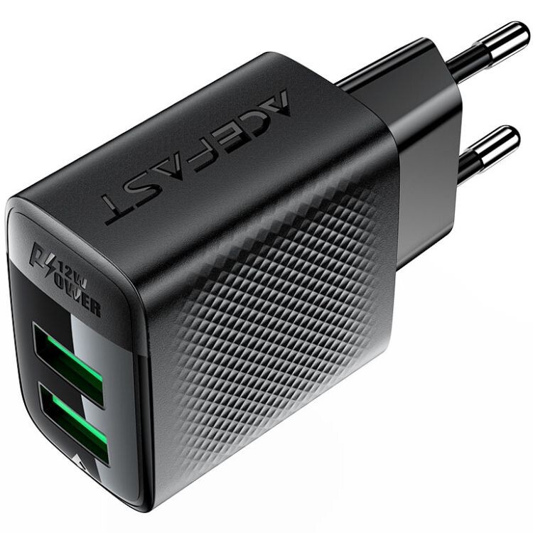 Сетевое зарядное устройство Acefast A86 12W 2xUSB-A Black (6974316283270)