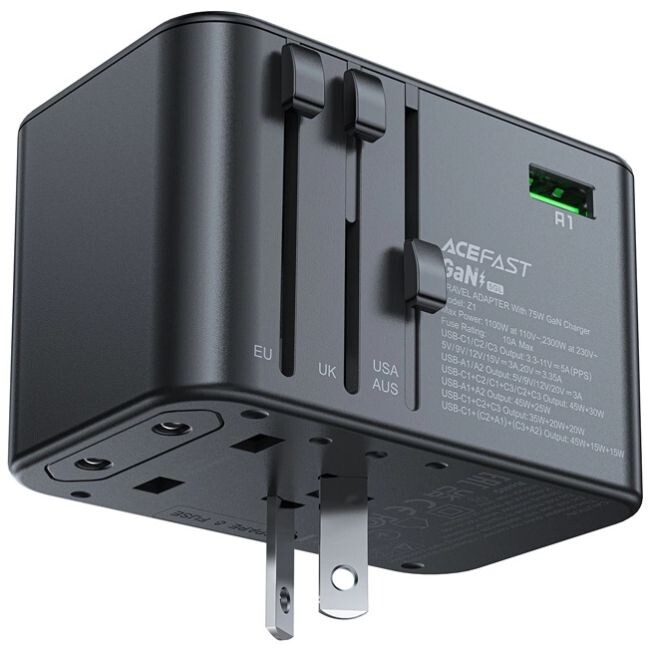 Сетевое зарядное устройство Acefast GaN Z1 Travel 72W 2xUSB-A+3xUSB-C Black (6974316282495)