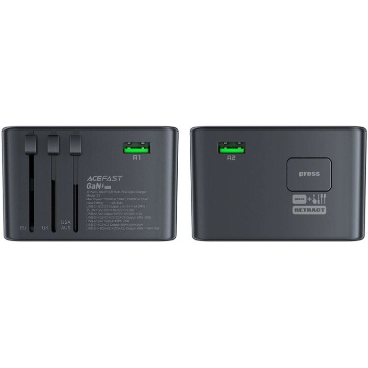 Сетевое зарядное устройство Acefast GaN Z1 Travel 72W 2xUSB-A+3xUSB-C Black (6974316282495)