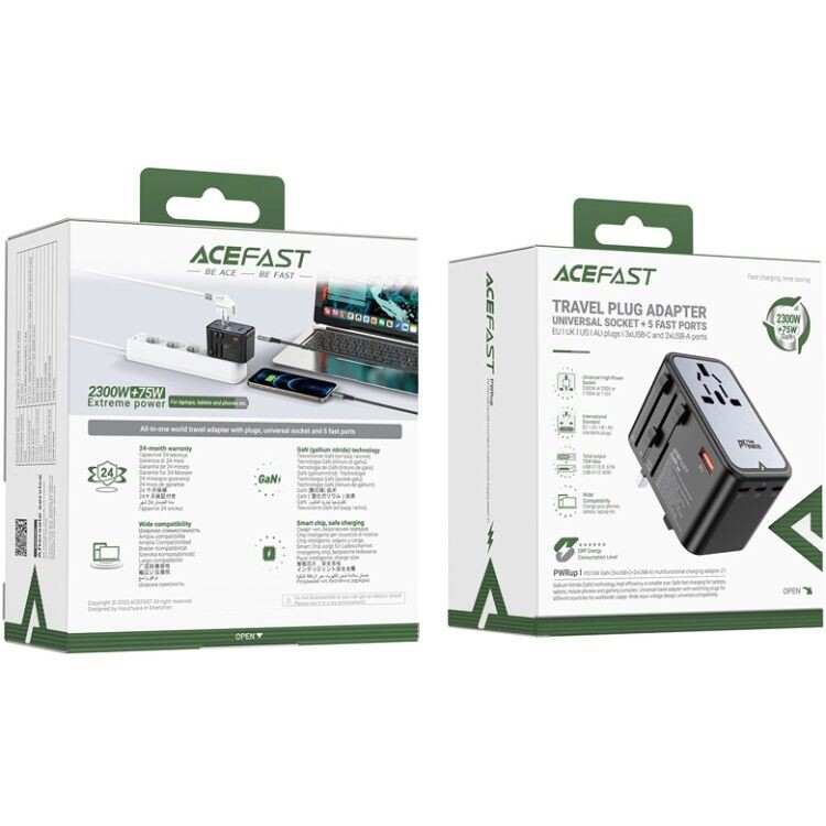Сетевое зарядное устройство Acefast GaN Z1 Travel 72W 2xUSB-A+3xUSB-C Black (6974316282495)