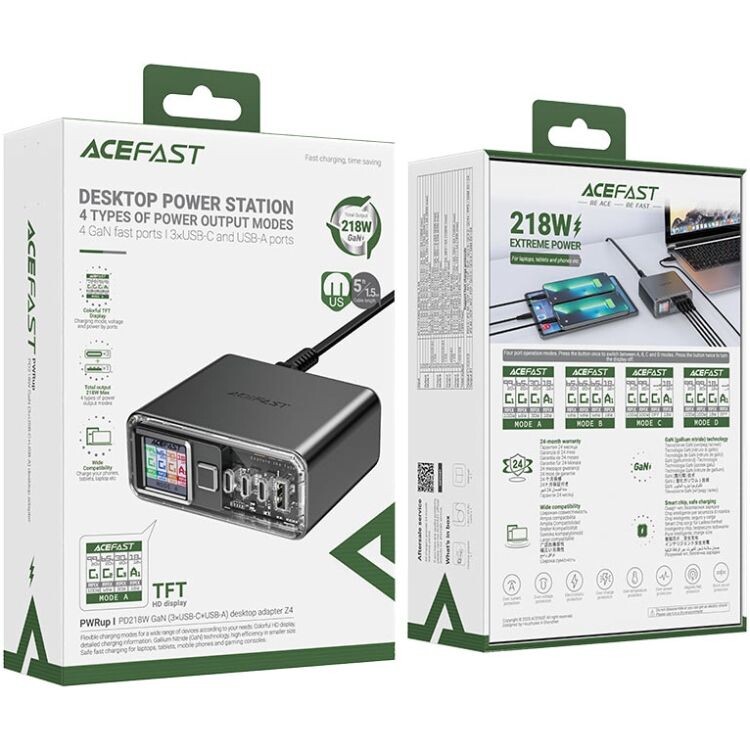 Сетевое зарядное устройство Acefast GaN Z4 Travel 218W USB-A+3xUSB-C Black (6974316282587)